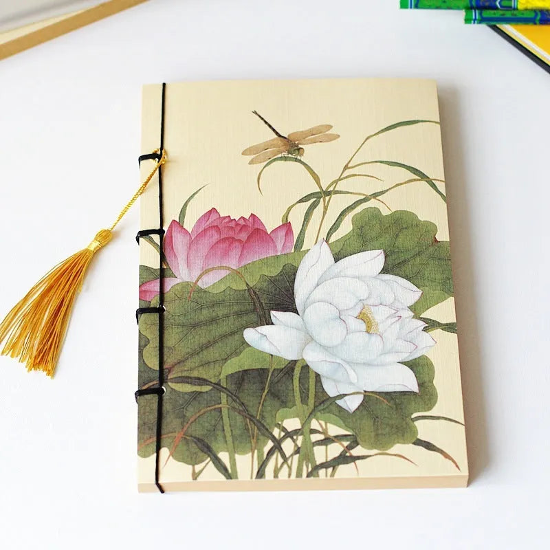 A5 antique-style wire-bound notebook with vintage Chinese painting cover, thread binding, and black wax rope tassel.