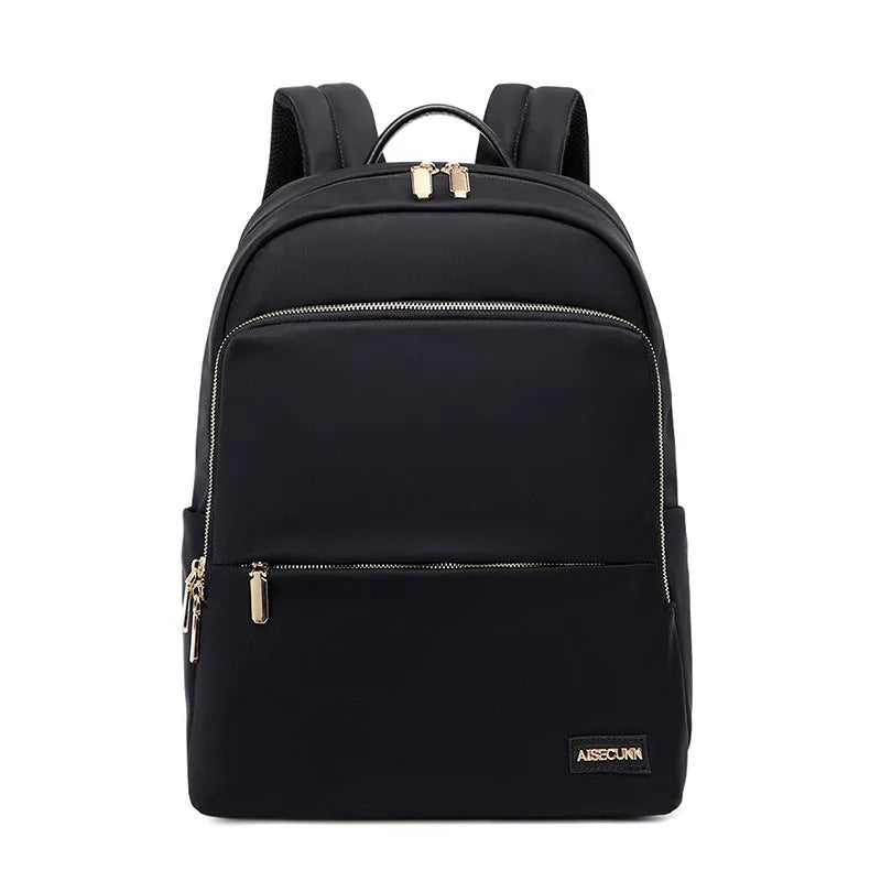 Classic black women's Oxford cloth backpack with large main compartment and breathable back panel.