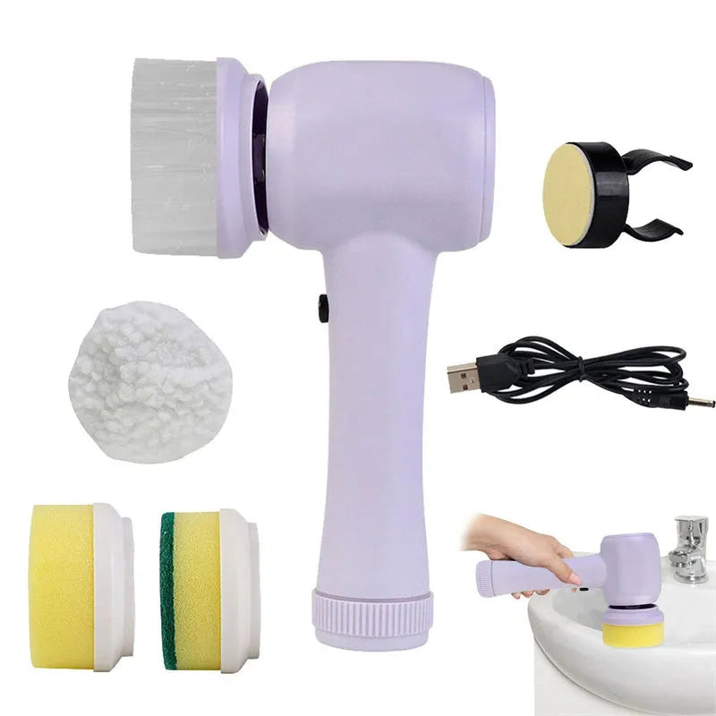 Cordless electric spin scrubber cleaning tool with four brush heads on storage bracket