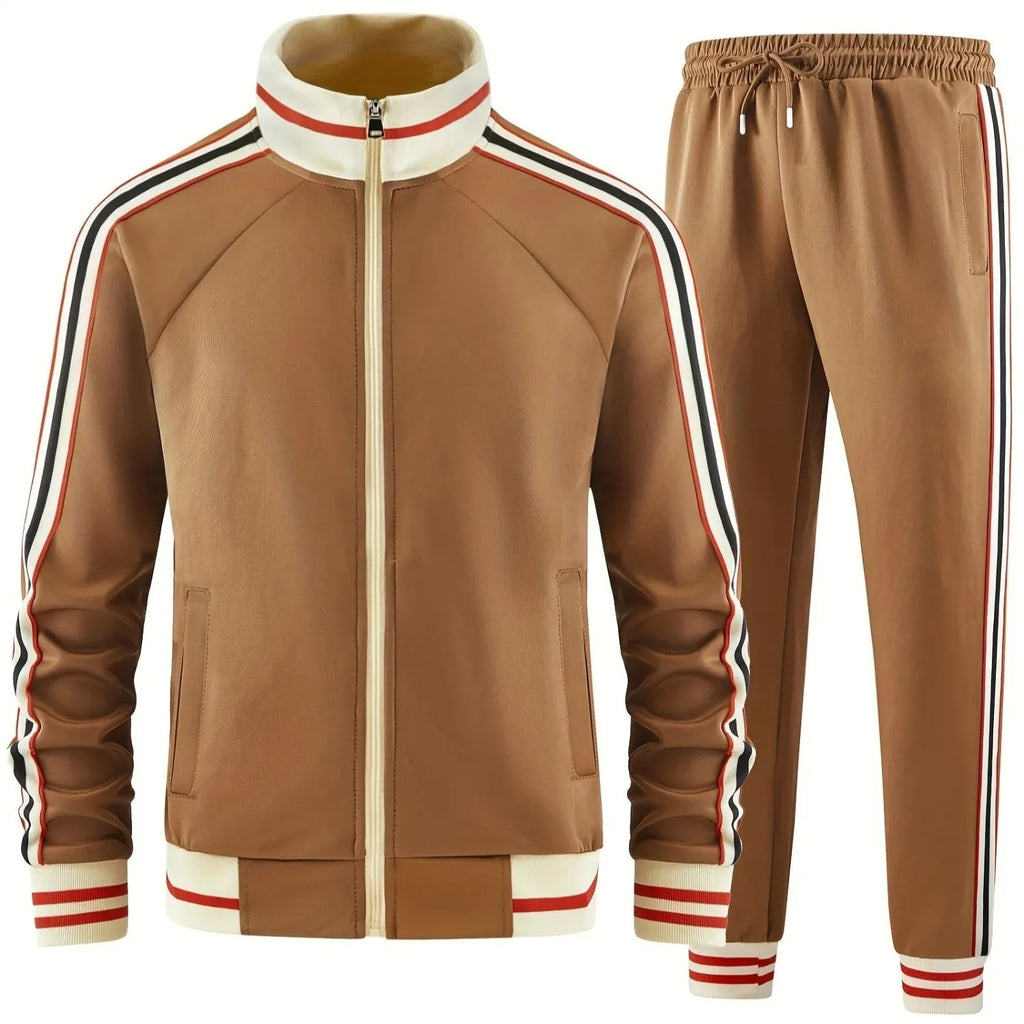 Turtleneck zipper cardigan top trousers suit in khaki colour, street-style leisurewear with long sleeves and trousers.