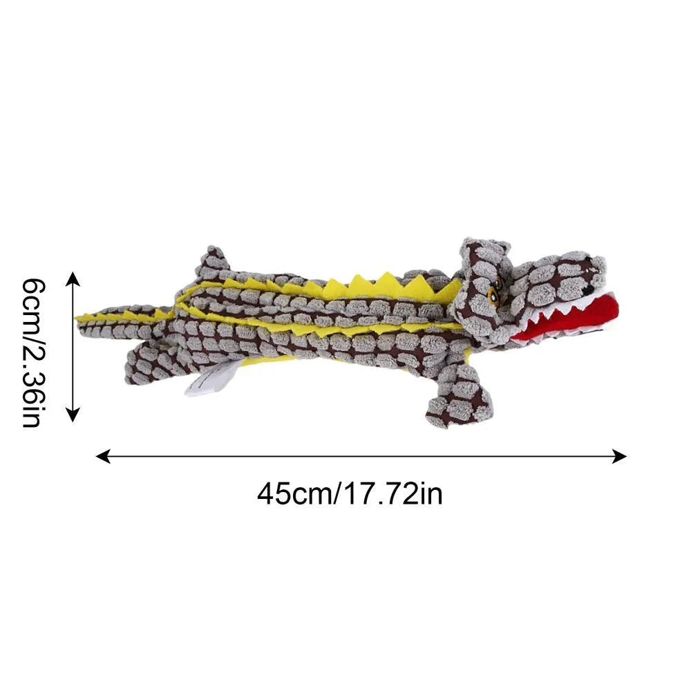 Plush corduroy crocodile-shaped dog toy with squeaker in blue, coffee, or grey colour