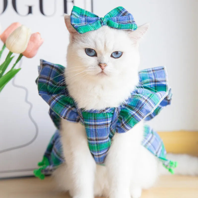 Red Christmas tartan pet skirt with matching bow tie and head flower accessories