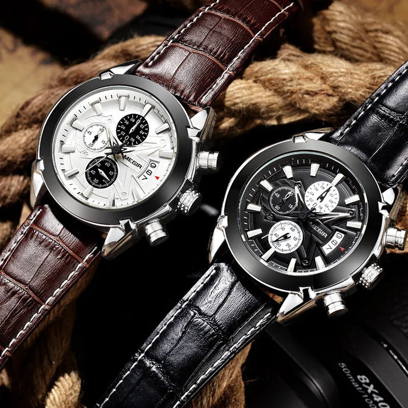 Multifunctional quartz watch with three eyes six needles, waterproof luminous design, 15mm thickness