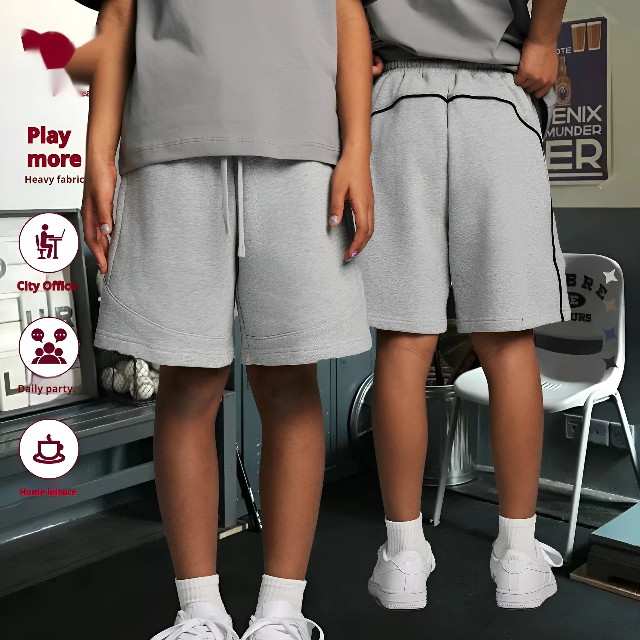 Children's loose fit cotton sports shorts in solid colours on a size chart