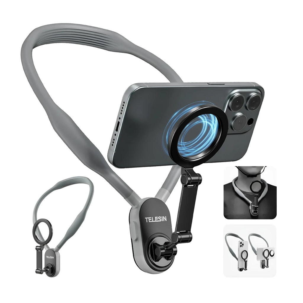Silicone phone magnetic neck mount with magnetic quick-release system in grey colour