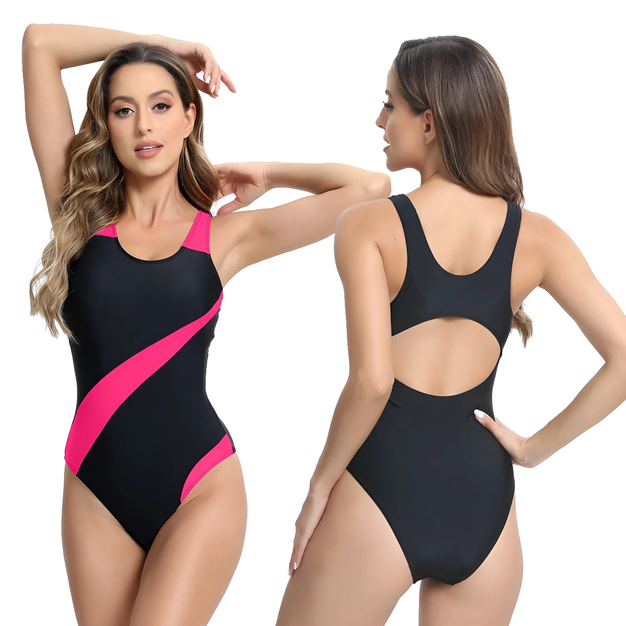 Women's one-piece swimsuit in rose red, blue, or white, showing sleeveless brief design for swimming.