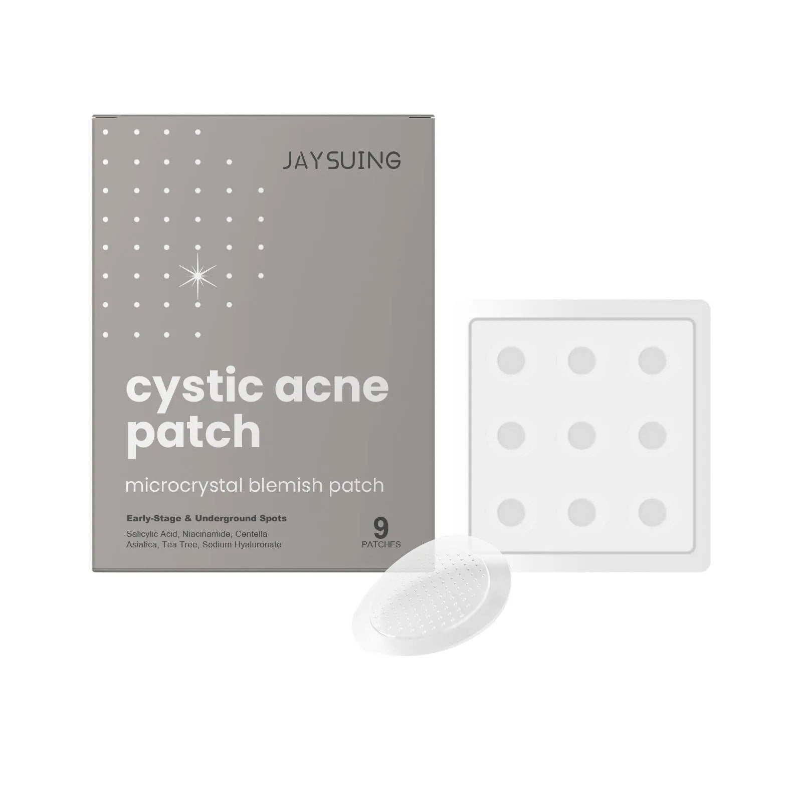 Pack of 9 acne treatment microneedle patches containing tea tree oil and Centella asiatica