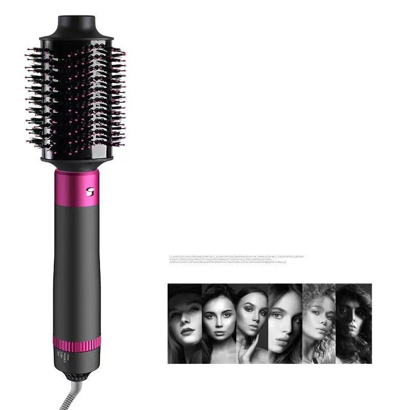 Dyson grey 5-in-1 hot air hair dryer brush with multiple brush attachments on a white background.