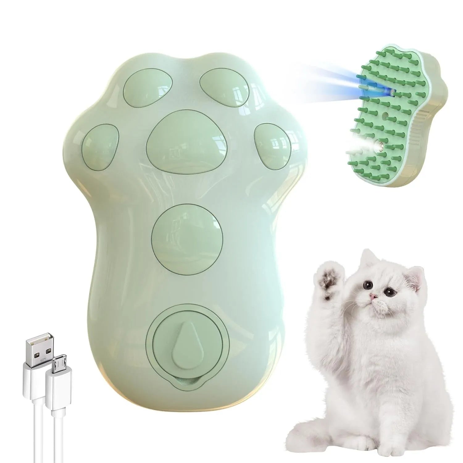 Blue self-cleaning cat steam brush with silicone heads and release button for pet grooming