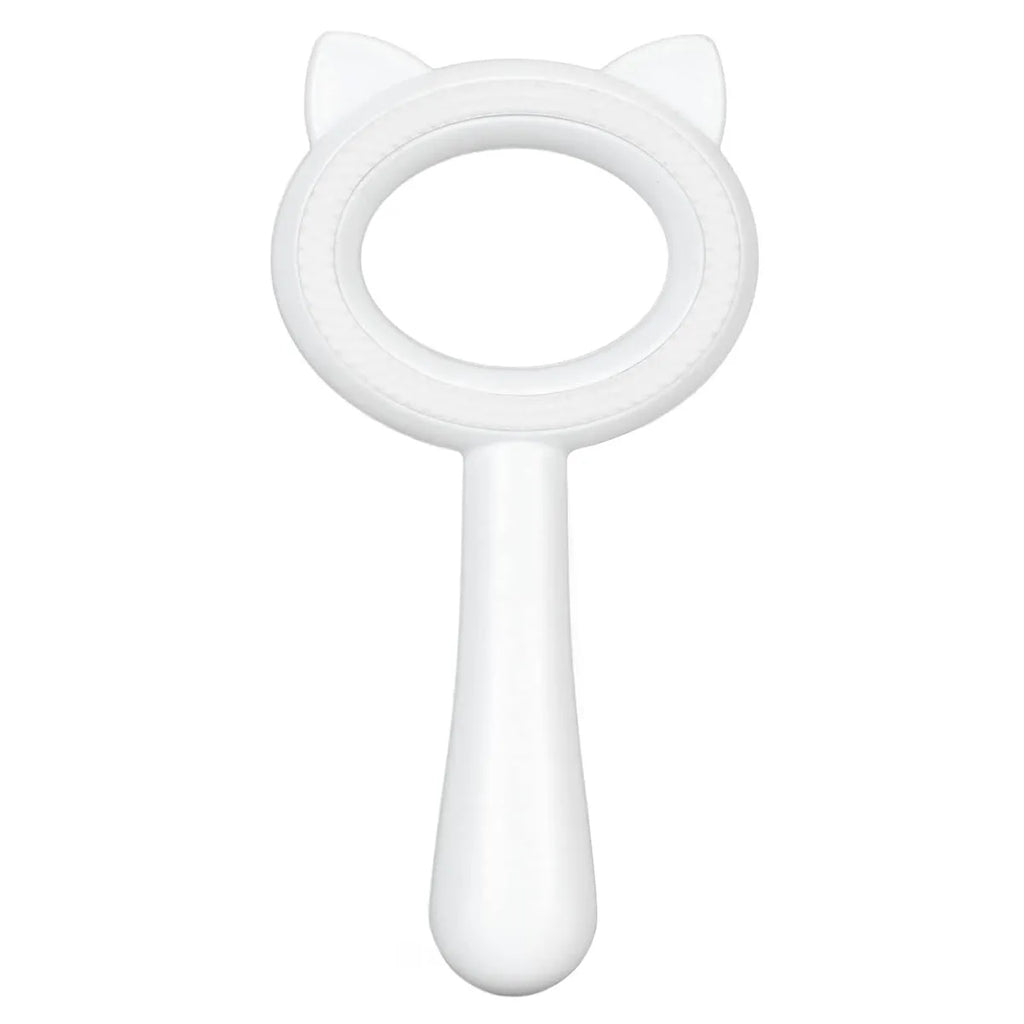 Blue and white double-sided pet grooming brush with ergonomic handle measuring 17x9x3cm