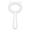 Blue and white double-sided pet grooming brush with ergonomic handle measuring 17x9x3cm