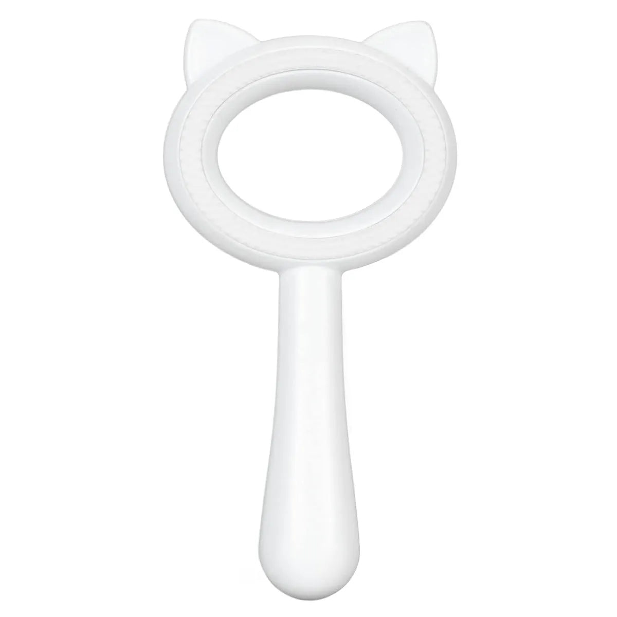 Blue and white double-sided pet grooming brush with ergonomic handle measuring 17x9x3cm