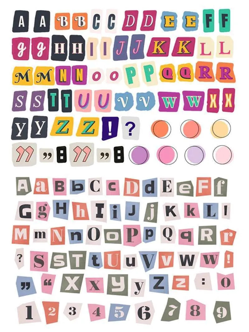 English letters and numbers symbol label stickers in cute style with printed symbols for decoration and organisation