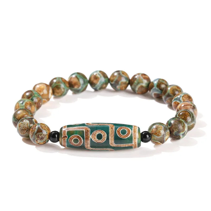 Green dzi bead barrel-shaped bracelet with 8mm agate beads, handmade unisex design