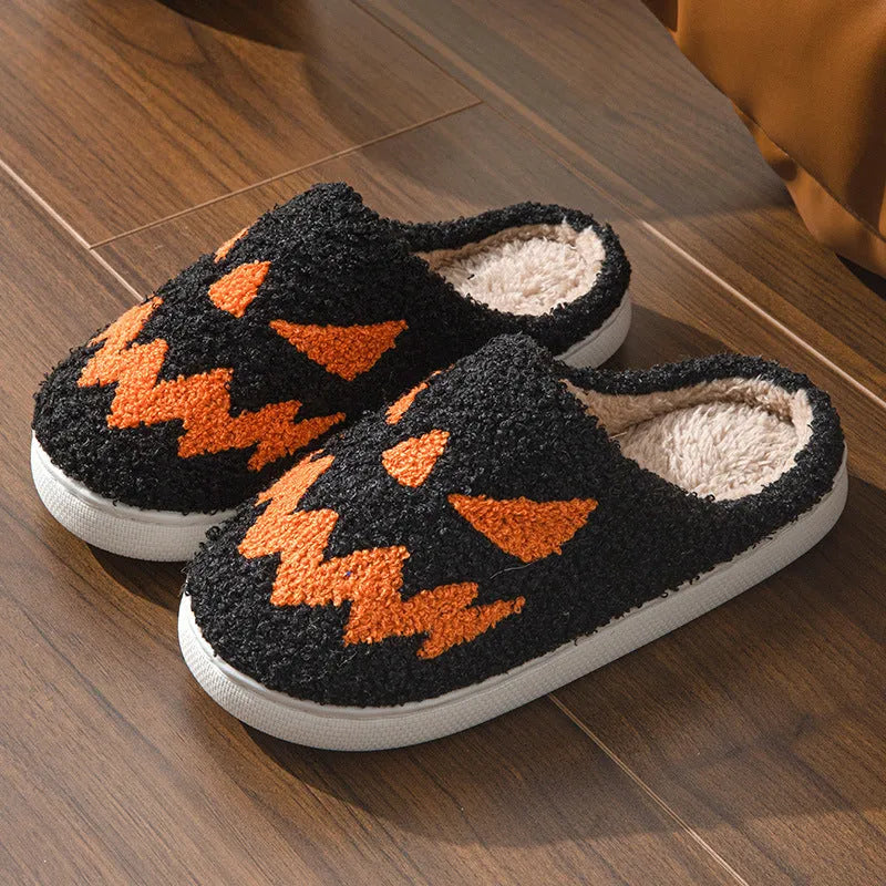 Halloween couple indoor slippers with ghost face embroidery in suede and PVC sole