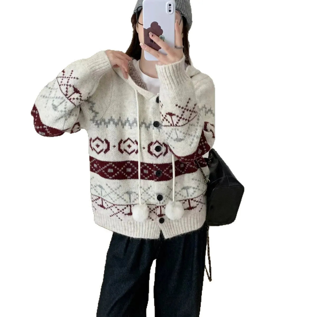 Idle Style brocade sweater coat with geometric pattern in milky white, loose fit plus size women's outerwear