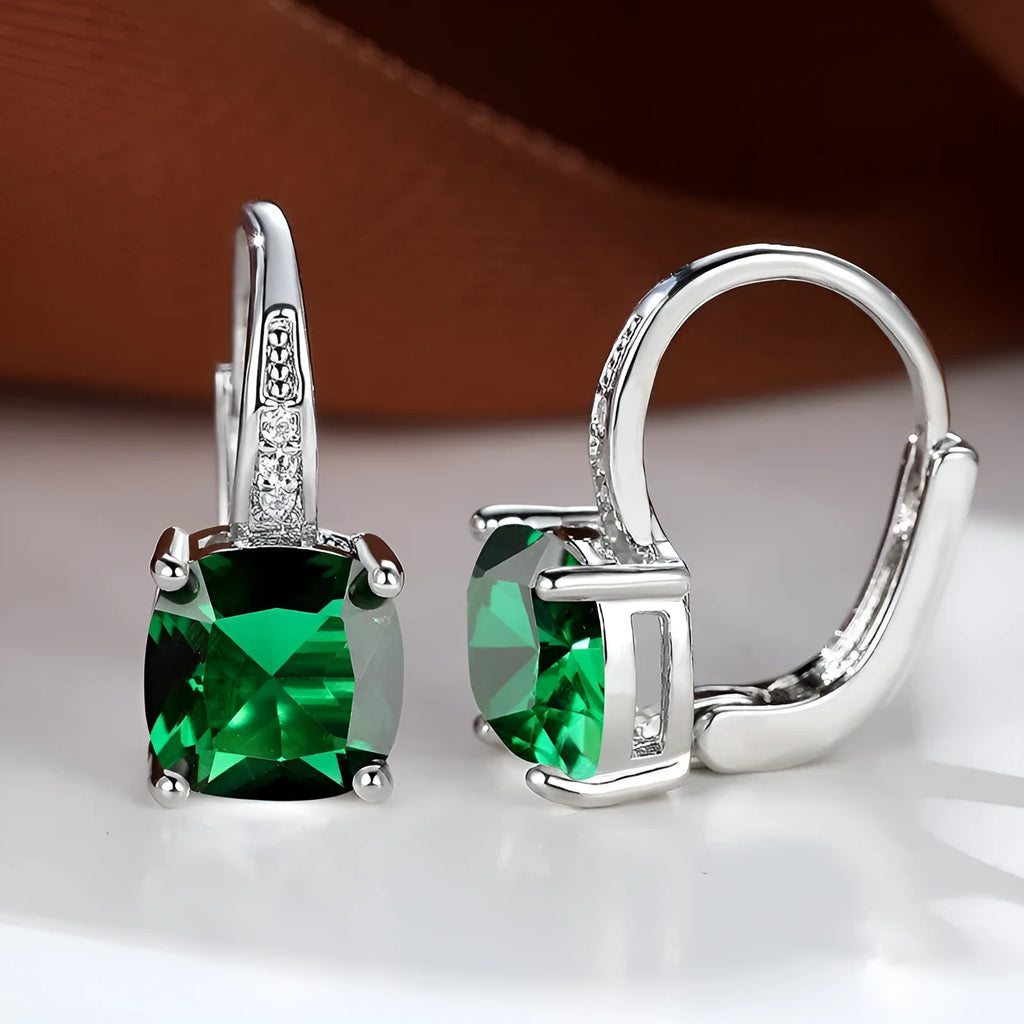 Geometric round ear hook earrings with square zircon inlay in electroplated copper construction