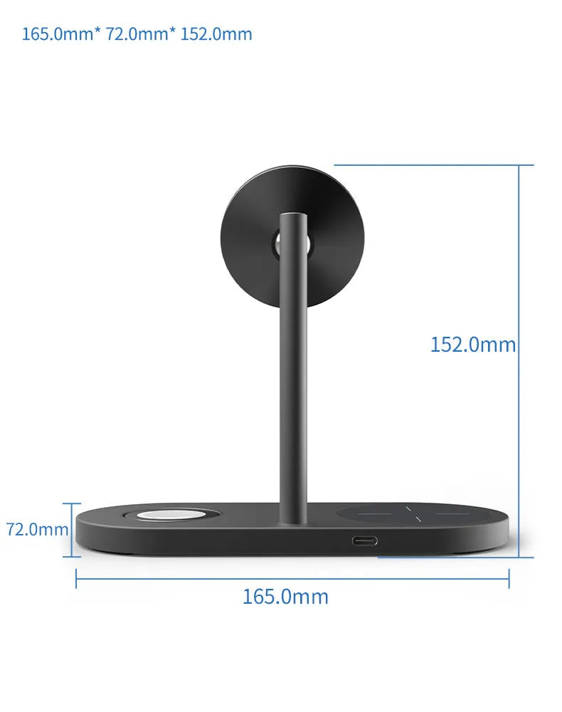 Magnetic three-in-one wireless charger in aluminium alloy with magnetic suction fixing, shown in carbon fibre, grain, gray, or silver