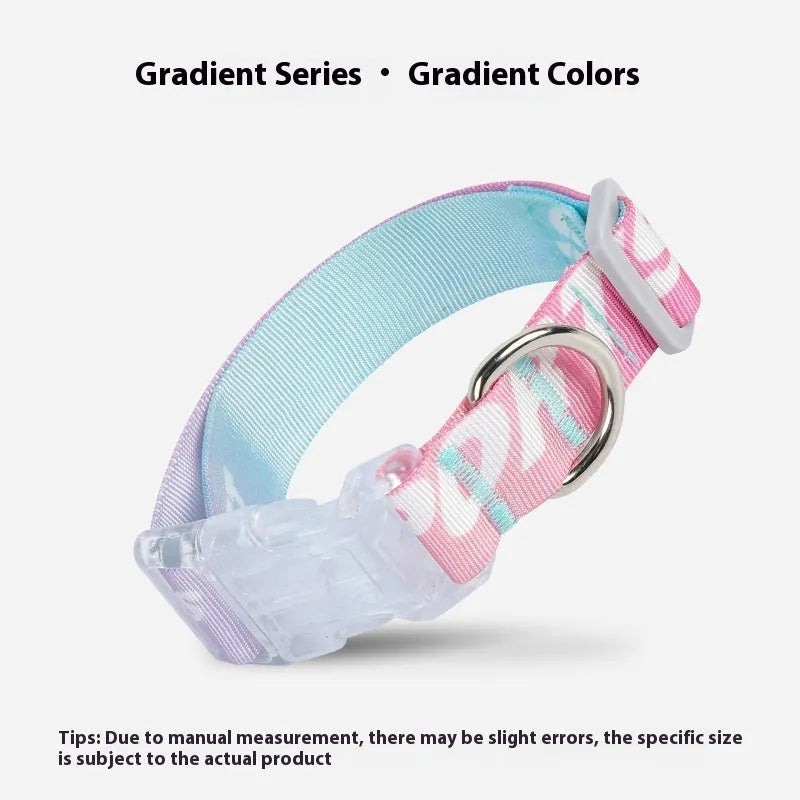 Adjustable nylon dog collar with cartoon gradient printing in gradient colour or panda green, showing secure buckle and size tags.