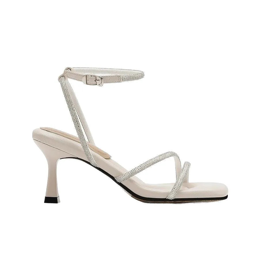 Women's silver rhinestone high heel sandals with buckle ankle strap and square toe