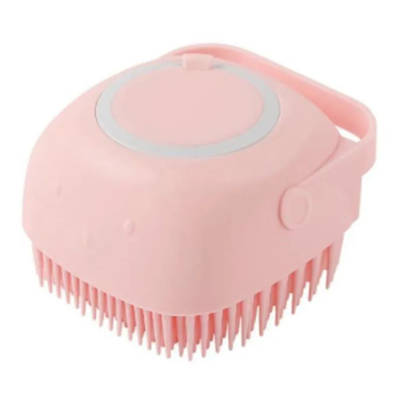Blue silicone dog bath brush with flexible bristles on white background showing 9cm length