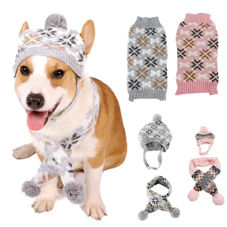 Japanese-style grey acrylic pet sweater set with matching hat and scarf on a dog model.