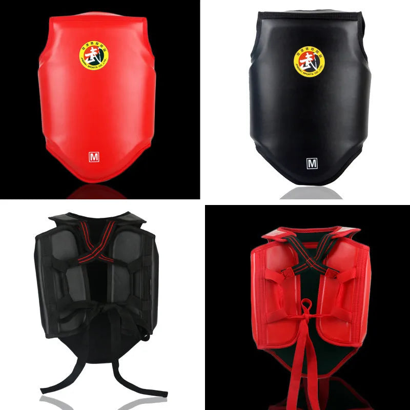Red boxing helmet and matching one-piece chest protector set for training sparring.