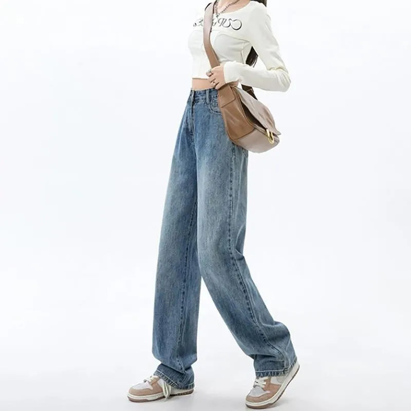 Women's retro blue wide-leg jeans with high waist and straight-leg cut on hanger