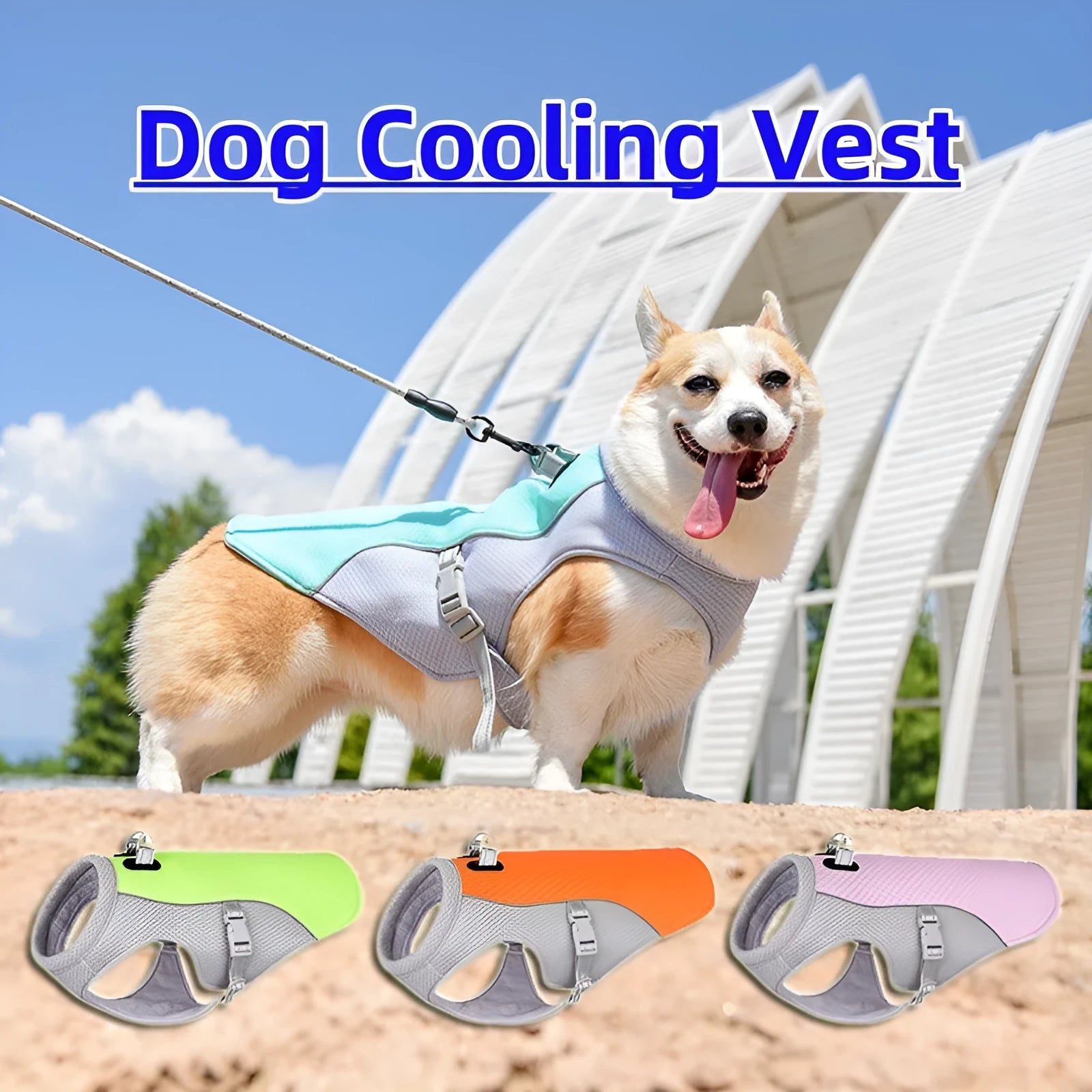 Orange dog cooling vest on a dog showing layered construction and adjustable fit
