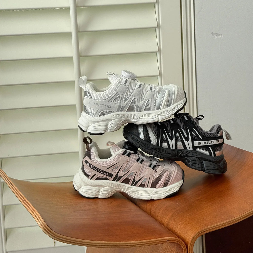 Girls' casual shoes in black, beige, or pink with PU leather mesh uppers for breathable lightweight wear