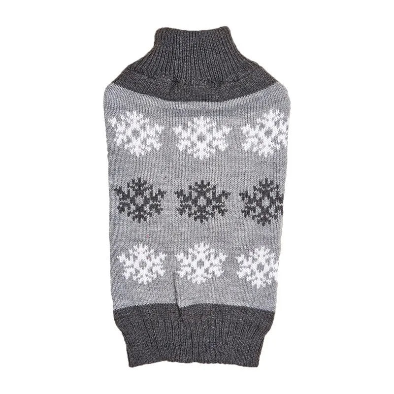 Grey dog sweater with snowflake pattern for Christmas wear, shown on medium-sized dog