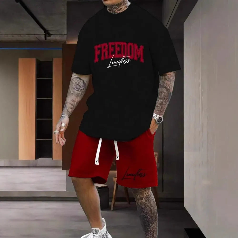 Men's 3D printing sports suit with short sleeves and shorts in polyester, sizes XS to 6XL