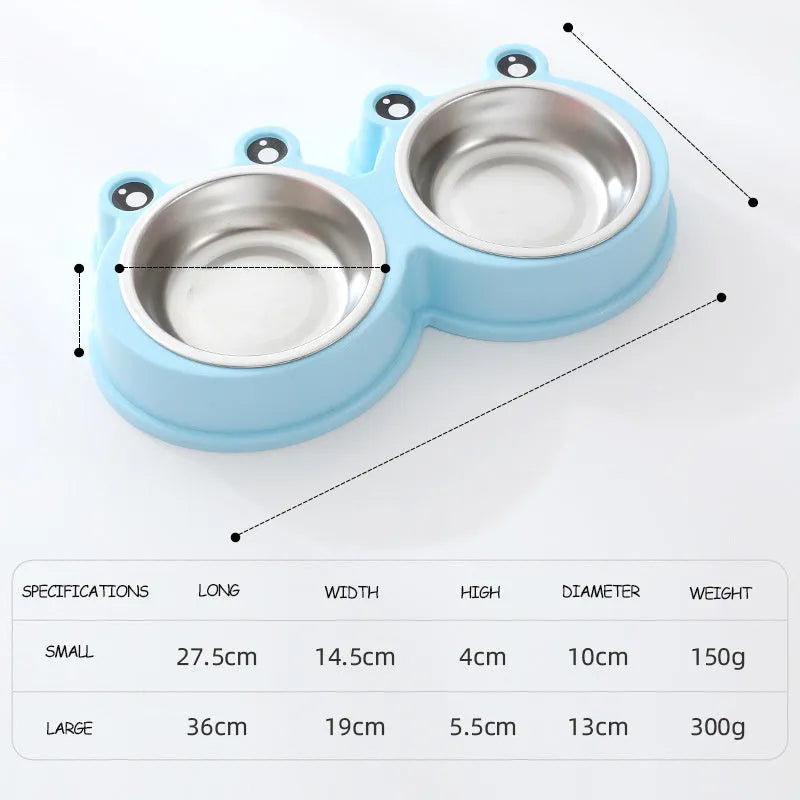 Stainless steel pet feeding bowl with two sections for food and water, in blue colour, measuring 30cm long