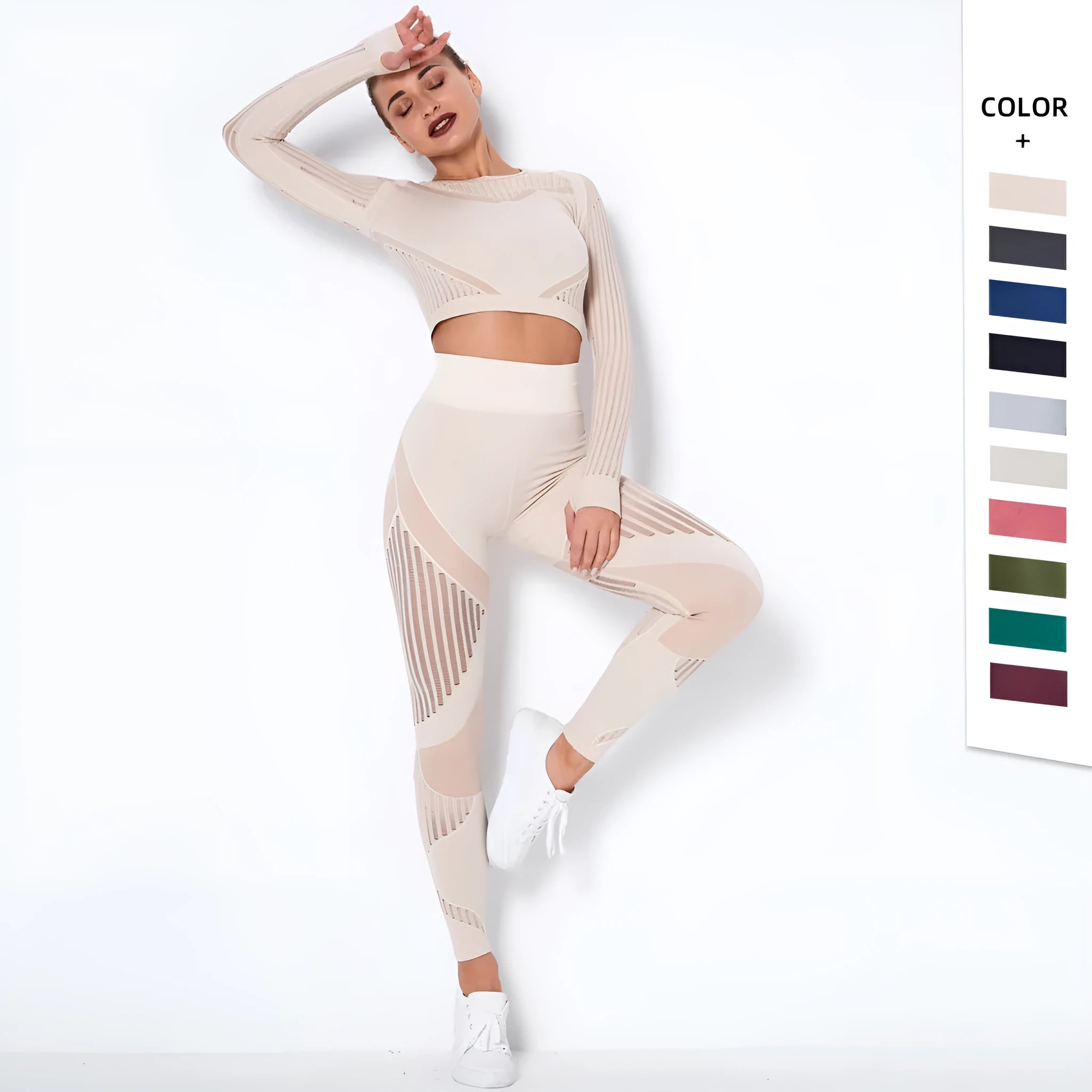 Women's long-sleeved seamless yoga suit in a striped pattern, shown in a stretch fabric suitable for exercise.