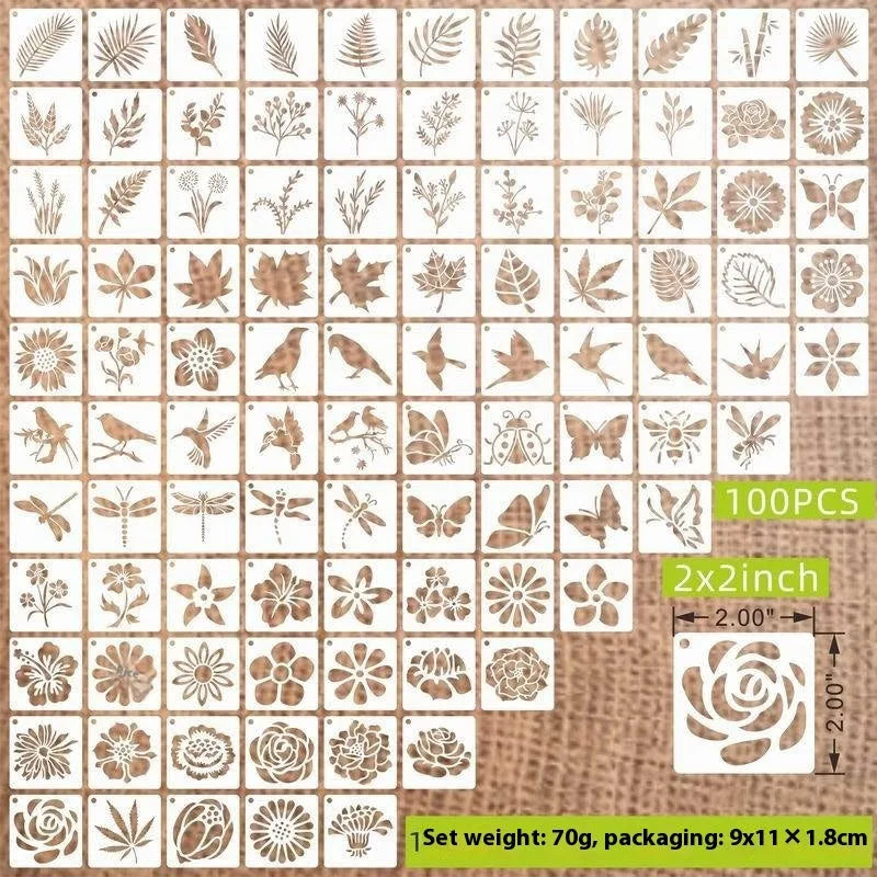 Leaves flower hollow spray painting template set with 700 PET film stencils in 2-inch size and 7 pattern categories