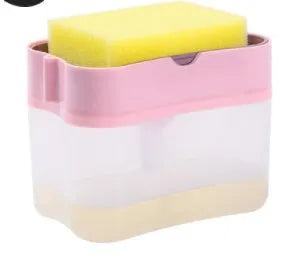 Plastic kitchen soap dispenser in grey, silver, black, or pink colours measuring 14.5 x 9.5 x 13.5 cm