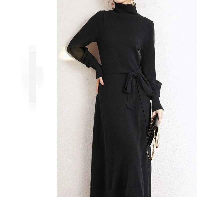 Rose red turtleneck knit dress with elastic waist and long skirt measuring approximately 100-110cm in length