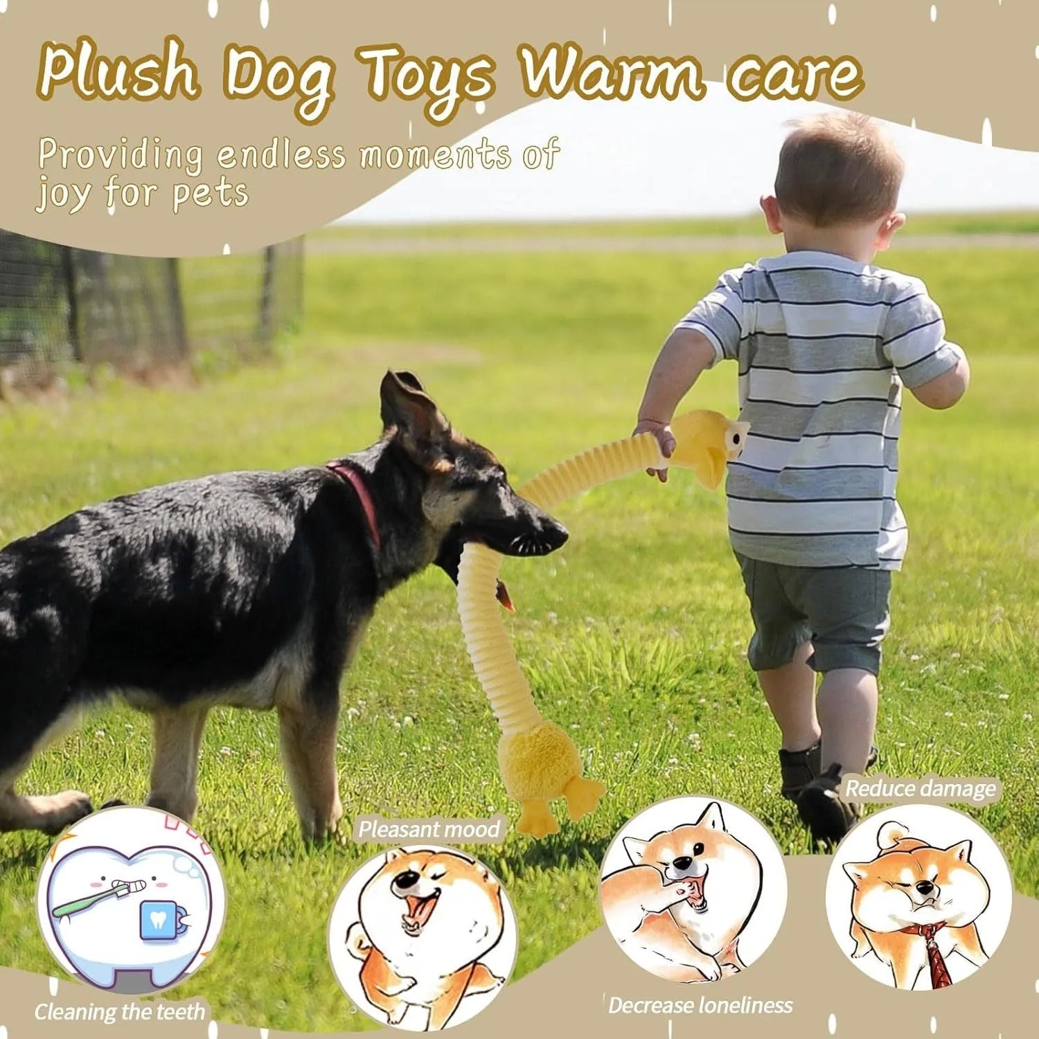 Plush squeaky dog toy with crinkle sounds for small medium large dogs in brown grey yellow colours