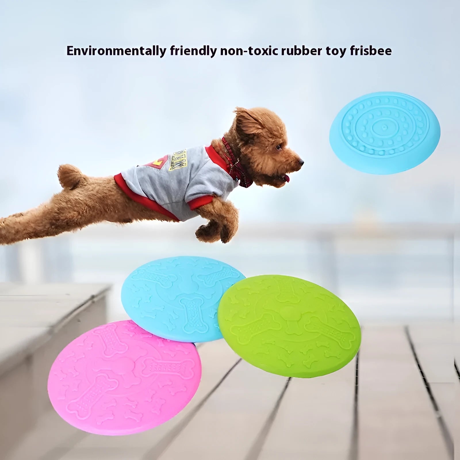 Plastic rubber dog frisbee toy in multiple colour options for outdoor fetch games