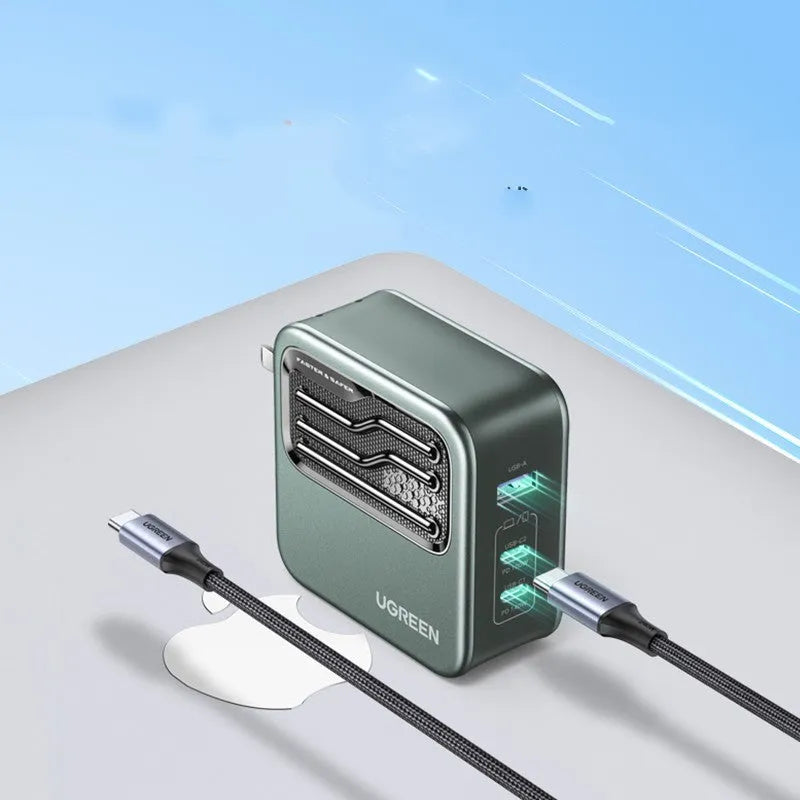 100W Gallium Nitride fast charger plug with USB-C cable on a white background