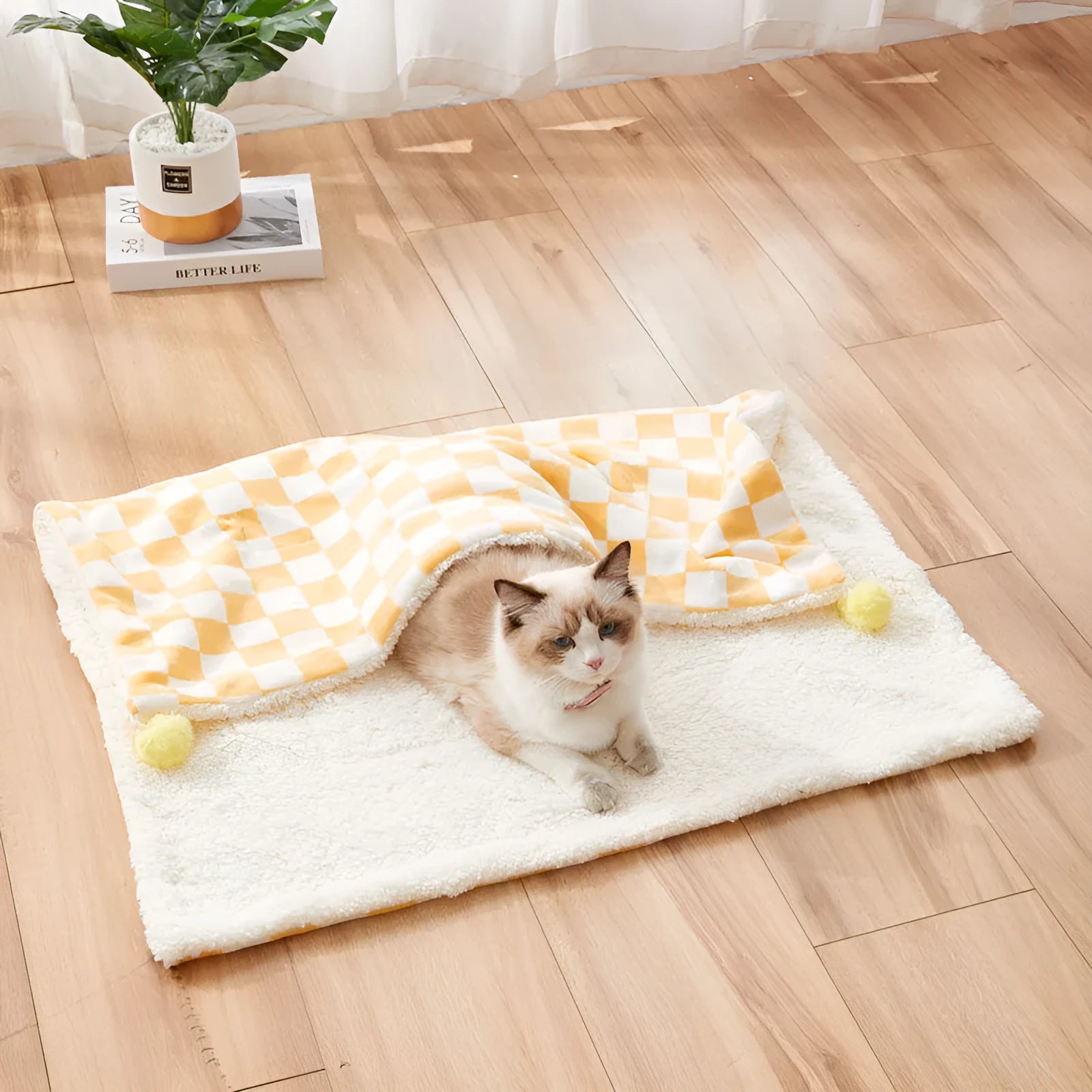 Green plaid pattern soft fleece pet blanket with fur ball decoration for cats and dogs