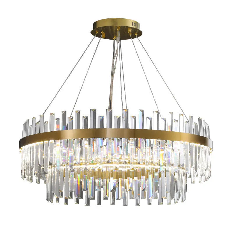 Stainless steel crystal chandelier ceiling light with adjustable height and three-colour LED lighting