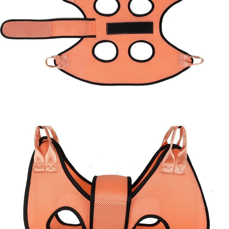 Cat grooming restraint bag with four adjustable openings hanging as a hammock