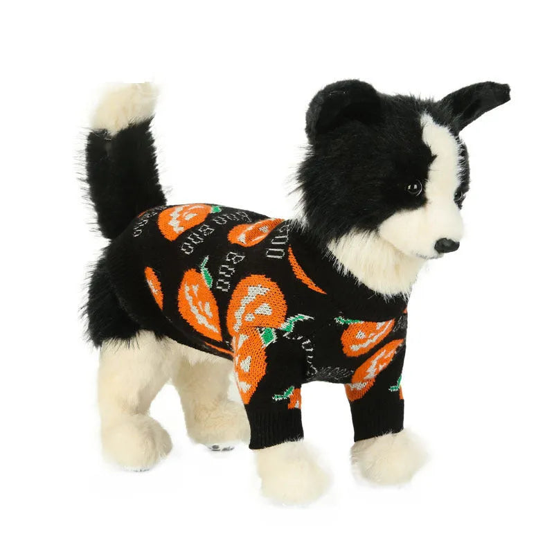 Black dog Halloween sweater with orange pumpkin pattern design in polyester knit fabric