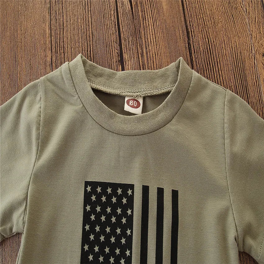 Little kids' flag camouflage summer suit set with short sleeve shirt and pants