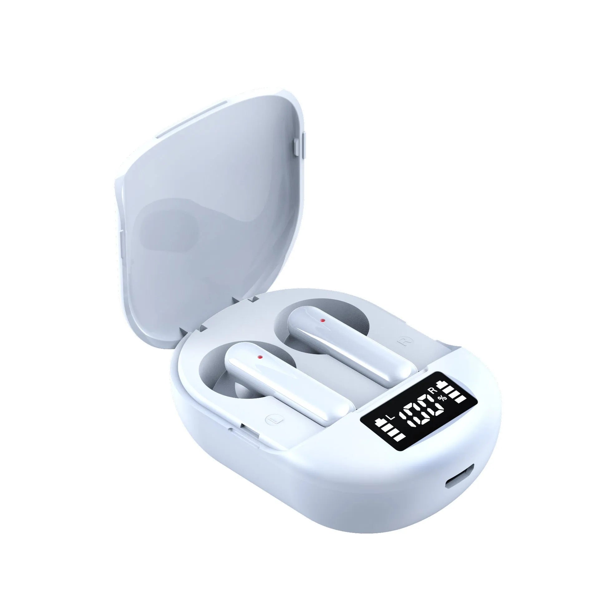 Black wireless Bluetooth in-ear headset with digital display screen and compact charging case