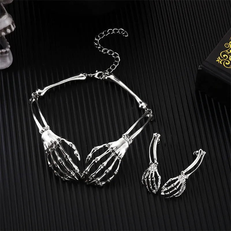 Dark style skull and ghost hand jewellery set with matching necklace and earrings in electroplated alloy