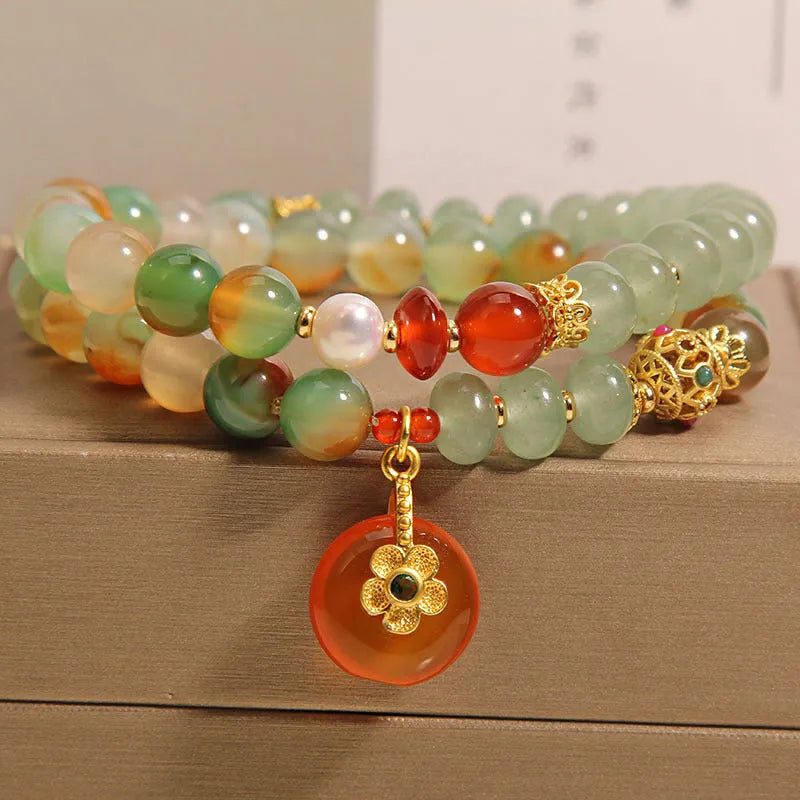 Peacock green agate double ring women's bracelet with safety buckle and rhinestone details