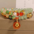 Peacock green agate double ring women's bracelet with safety buckle and rhinestone details