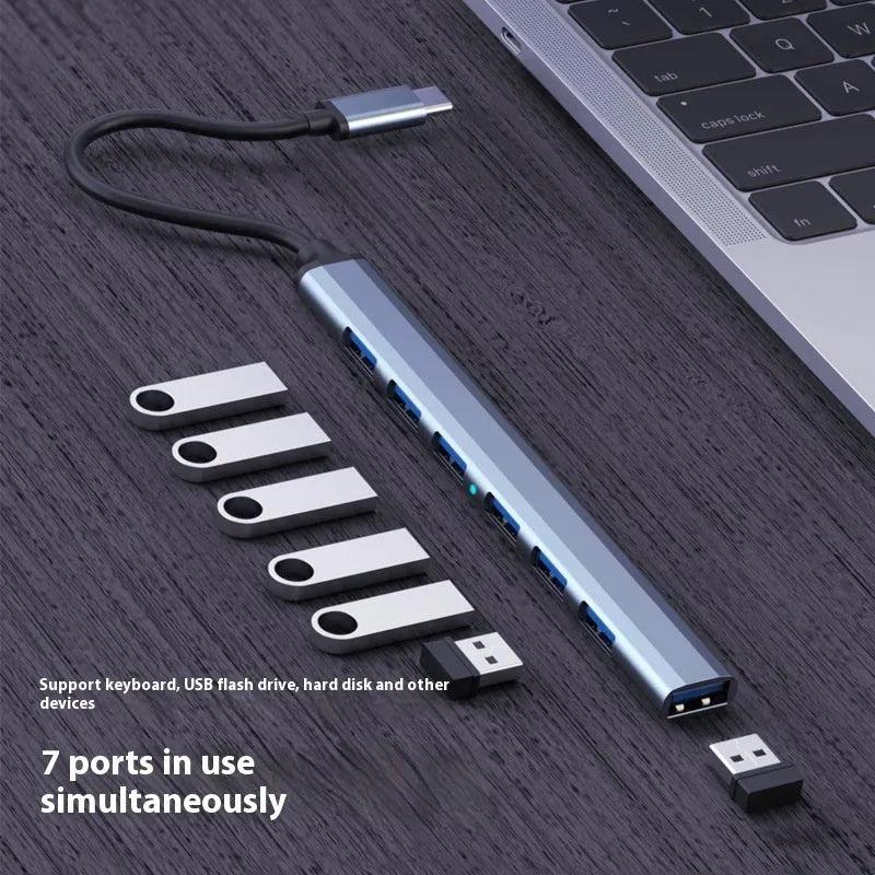 Blue Type-C to 7 USB docking station with 0.1m cable and 10Gbps transmission rate